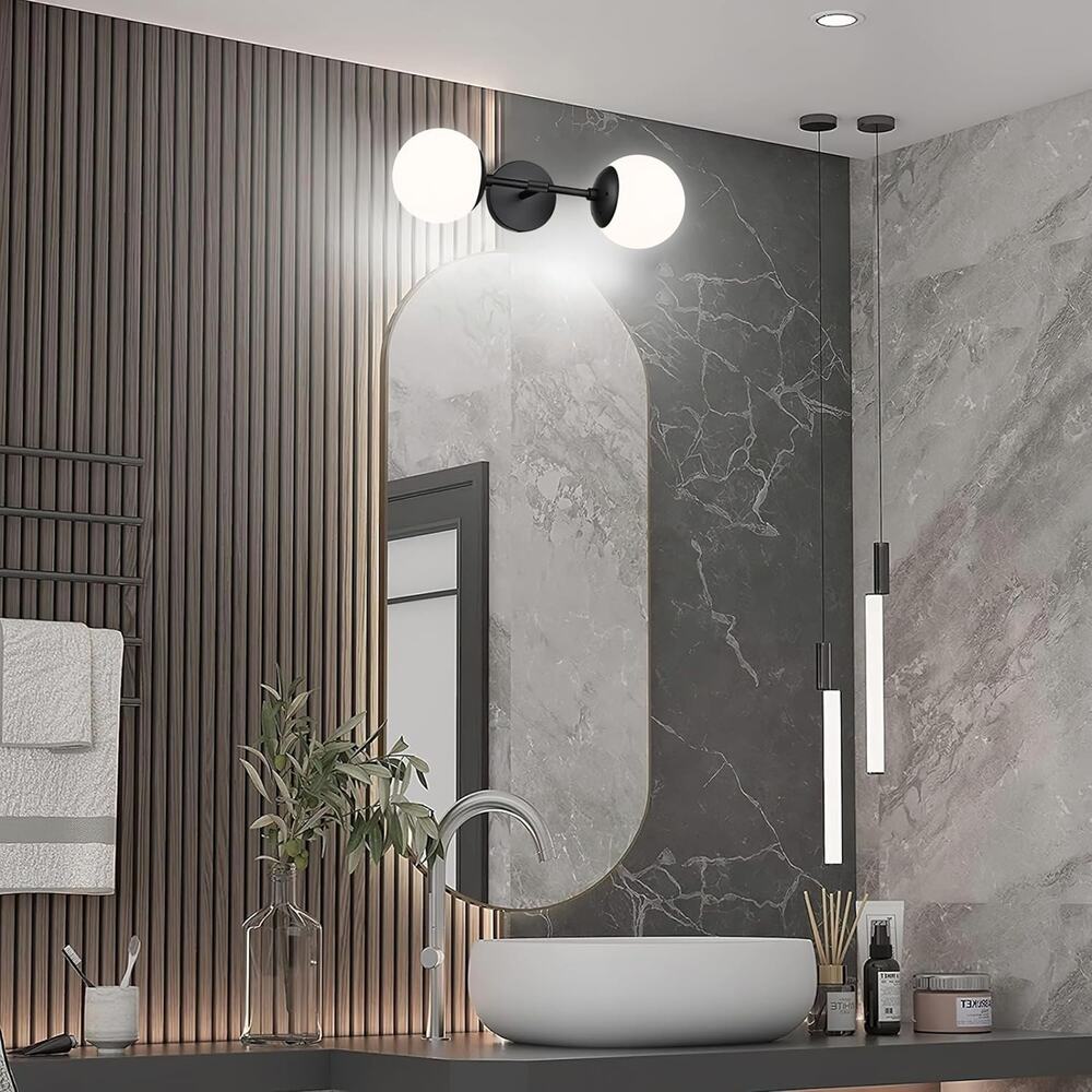 2-Light Matte Black Mid-Century Bathroom Vanity Light with White Globe Shades - Picture 4 of 4